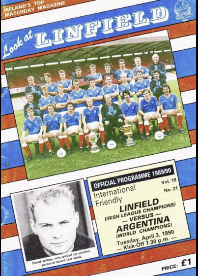 LinfieldHistory's tweet photo. On 3rd April 1990 the then World Champions came to Windsor Park to play #Linfield
Argentina were playing some pre-World Cup friendlies in Europe but when their planned match against Netherlands got cancelled, at short notice they played in #Belfast
#Blues
#LinfieldHistory https://t.co/qb52iT7wG2