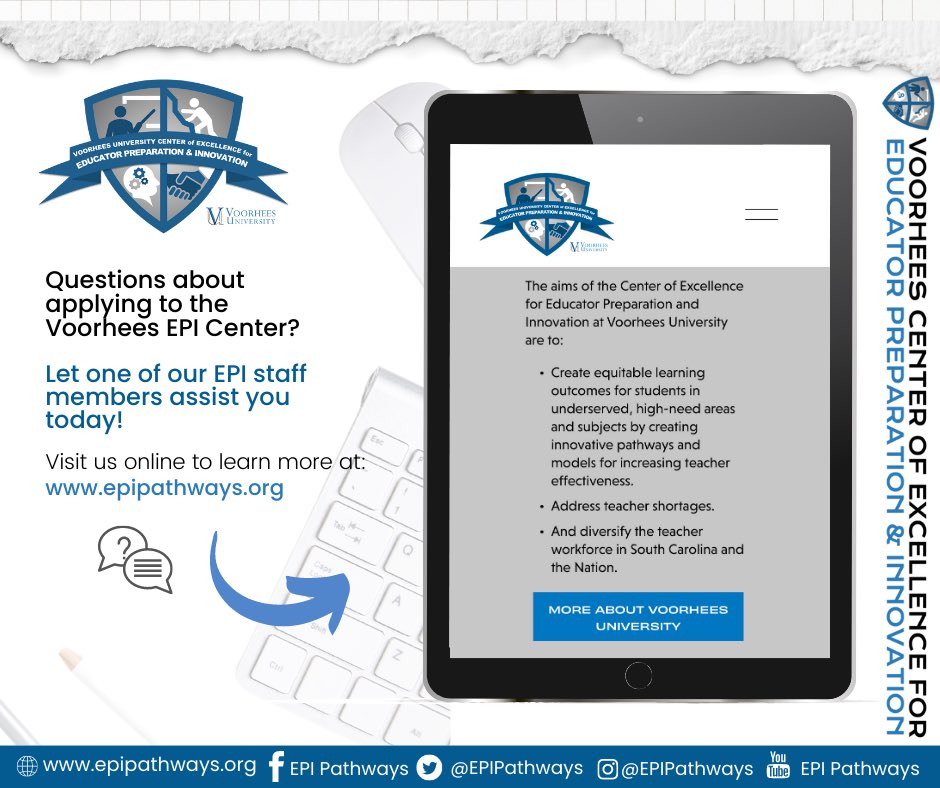Questions about applying to the Voorhees University EPI Center? 
🙋🏾‍♀️💬

Let one of our EPI staff members assist you today! Visit us online to learn more at: epipathways.org! 💻