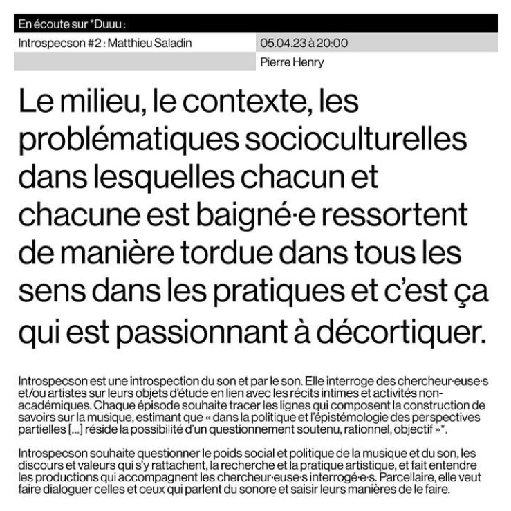 PierreHRY's tweet photo. Longue discussion expérimentation sonore &amp; politique/décélération/scotomisation dans la musique et les arts sonores avec Matthieu Saladin
Introspecson #2 dès 20h en direct et réécoute sur *Duuu Radio
https://t.co/RS7fMF5GxA https://t.co/o4079brnjp