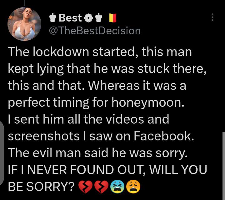 jayfmjos's tweet photo. Three-word challenge.
Lady shares how she ironed her ex fiancรฉe's clothes for a contract only to find out he went for honeymoon. Summarize this event in three words.
#threewordchallenge https://t.co/c7lqYCaTx2