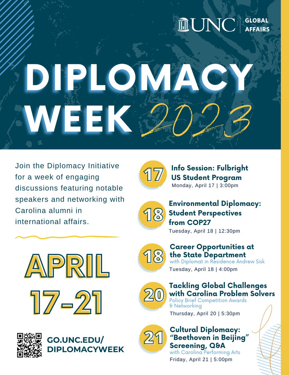 UNC Global Affairs (@unc_global) on Twitter photo Diplomacy Week is right around the corner!
Join us for engaging discussions and networking opportunities April 17-21. This year, we're excited to partner with <a href="/UNCPerformArts/">Carolina Performing Arts</a> for a screening of "Beethoven in Beijing" 📽️
go.unc.edu/diplomacyweek Diplomacy Week is right around the corner!
Join us for engaging discussions and networking opportunities April 17-21. This year, we're excited to partner with <a href="/UNCPerformArts/">Carolina Performing Arts</a> for a screening of "Beethoven in Beijing" 📽️
go.unc.edu/diplomacyweek