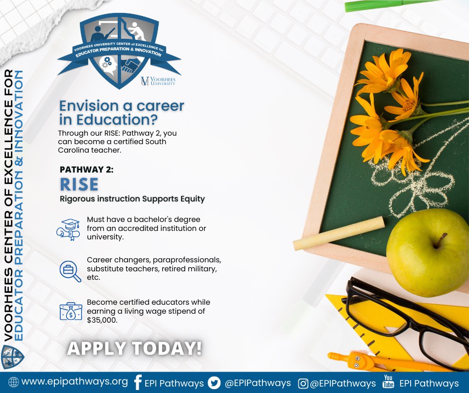 Envision a career in Education? 📓

Through our RISE: Pathway 2, you can become a certified South Carolina teacher! Give us a call today at: 803.780.1022! 📲