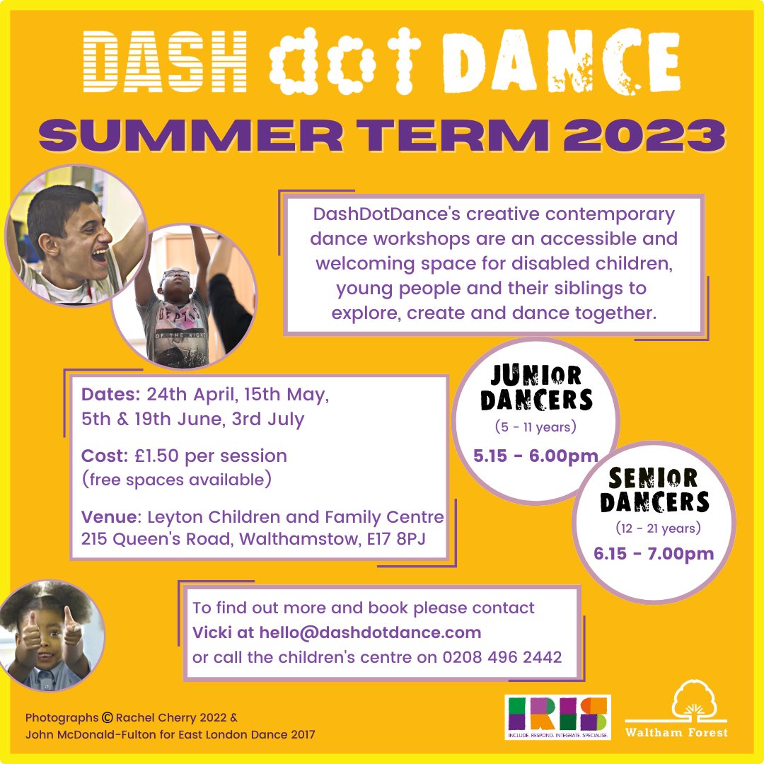 Summer Term booking is open! 🙌🥳

Join Vicki &amp; Jasmine for our #accessible #creative #dance workshops for children &amp; young people. To help with rising living costs fees reduced to £1.50 with free spaces available. Supported by <a href="/wfcouncil/">Waltham Forest Council</a> 

📸<a href="/rcherryphoto/">Rachel Cherry</a> &amp; J. McDonald-Fulton