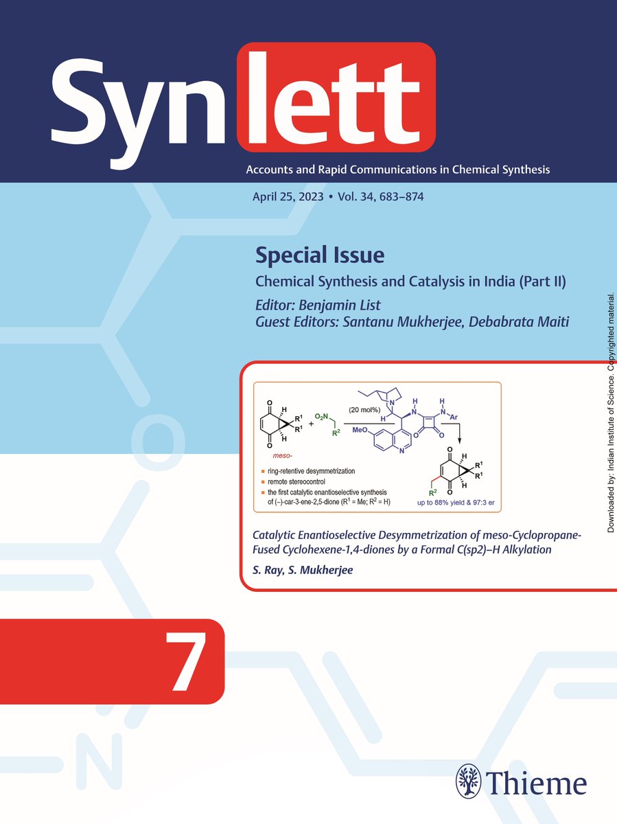 Part-II of the Synlett special issue on 'Chemical Synthesis and Catalysis in India' is now online:
thieme-connect.com/products/ejour…
Happy to contribute with @RaySayanray @thiemechemistry @ben_list @maiti_iitb