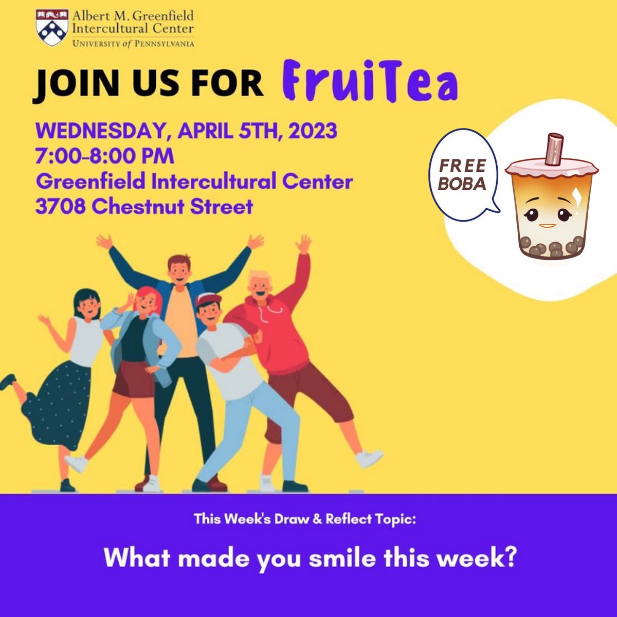 thebobaface's tweet photo. Penn Greenfield Intercultural Center hosts a weekly FruiTea Conversation w Nyair Locklear today between 7-8pm! 

This week’s Draw &amp; Reflect Topic:
What made you smile this week?

#bobaface #bobatea #boba #milktea #tea #fruitea #smile #conversation https://t.co/lW1p2dBHGR