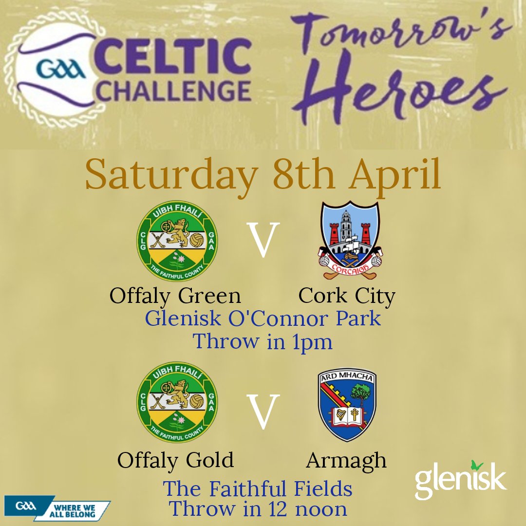 The Celtic Challenge Hurling Competition commences this weekend, <a href="/Offaly_GAA/">Official Offaly GAA</a> has entered 2 teams, and both are in action on Saturday. 

Offaly Green will play Cork City in <a href="/Glenisk/">Glenisk</a> O'Connor Park, and Offaly Gold will play Armagh in the Faithful Fields.

Best of luck lads 💪