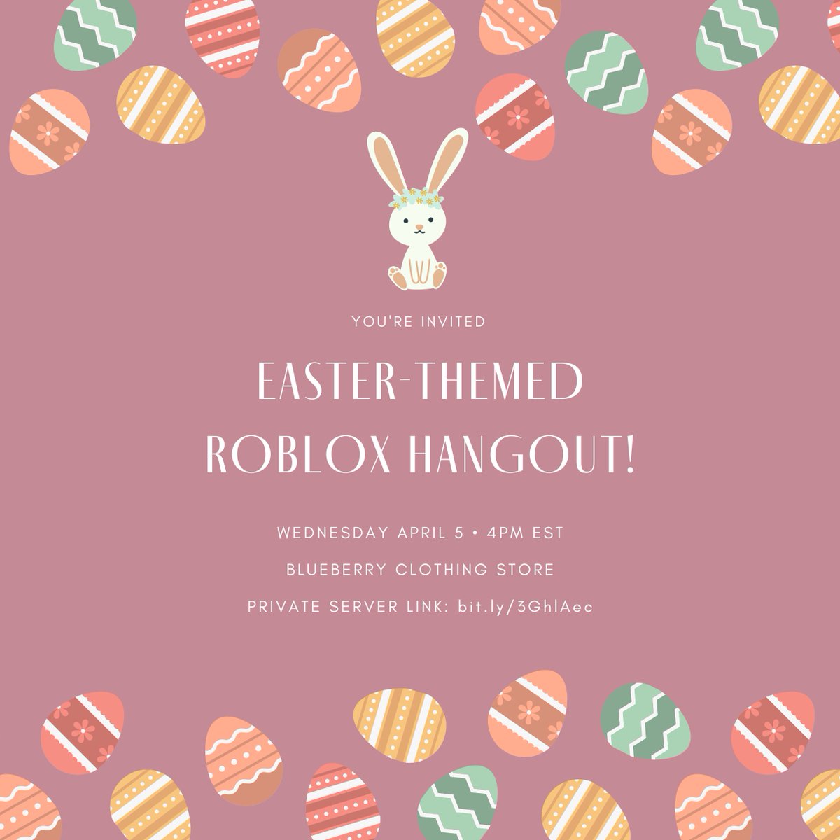 WearBlueberry's tweet image. Join us this afternoon in our Roblox world for a fun Easter-themed hangout! 🐰🌷 Wear your best pastel clothes OR just dress like a giant bunny—the choice is yours 😊 

Private server link: bit.ly/3GhlAec

#roblox #robloxfun #robloxparty @cSapphireCS