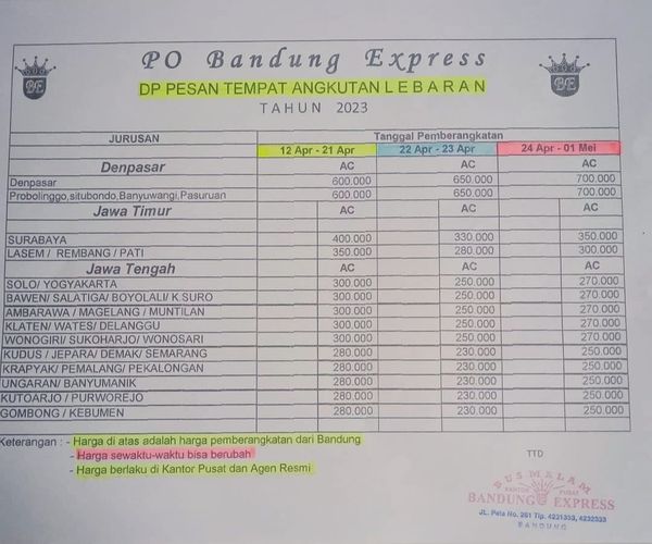 Mangga mulai tgl 1 maret 2023 sdh di buka pemesanan tiket lebaran dgn tarif smtara utk psn tmpt blm Tuslah cek k bwh 👇 tiket pembelian lgsg k jl.peta 261,jl padjajaran 43,agen psr antri Cmhi jl gedung empat no f1,terminal cicaheum loket 9. more info 0224231333/6035360