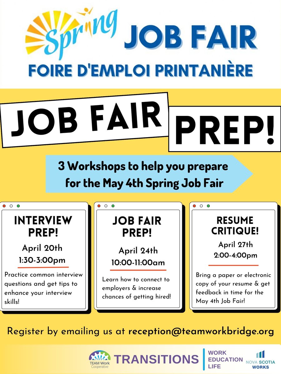 TEAMWork1997's tweet image. To prepare for the upcoming May 4th Spring Job Fair, we're offering three Job Fair Prep workshops to help you get the most out of the big day on May 4th.
 
Interview Prep, Job Fair Prep and Resume Critique!

Email reception@teamworkbridge.org to register.   #SpringJobFair