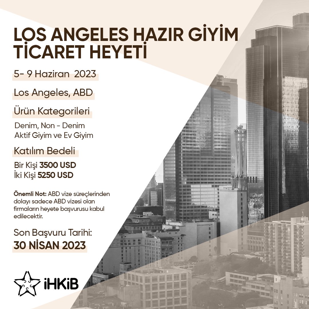 Birliğimizin organizasyonunda, denim, non-denim, aktif giyim ve ev giyim markalarımıza yönelik B2B görüşmeler gerçekleştireceğimiz "Los Angeles Hazır Giyim Ticaret Heyeti" 5 - 9 Haziran tarihlerinde ABD'nin Los Angeles şehrinde!