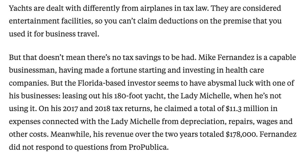 paulkiel's tweet image. Perhaps the boldest example from my piece today (propublica.org/article/privat…) on the ultrawealthy deducting their jets and yachts:
