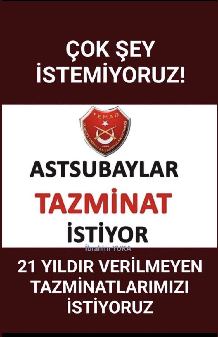 #AstsubaylarHuzursuz İktidar söz verdi,oyaladı sözünde durmadı.  Astsubaylar,tek yürek,
@yilmaz_ismet58'ın Asb.ların hakkı  tazminatları engellemesine tepkisini,2 milyon oyuyla  gösterecektir. Takipleselim, Birlikten güç doğar. 
<a href="/temadankara/">TEMAD Genel Başkanlığı</a>
<a href="/RTErdogan/">Recep Tayyip Erdoğan</a>
<a href="/kilicdarogluk/">Kemal Kılıçdaroğlu</a>
<a href="/DurgenHamza/">Hamza DÜRGEN</a>