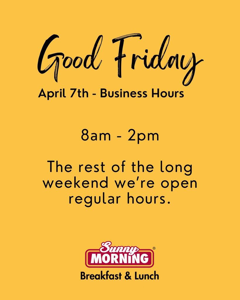 ⏰This Friday 7th, our doors will be open from 8am-2pm for all your breakfast and brunch needs ✨ The rest of the long weekend we’re open regular hours. 🍳☕️🥞 #GoodFriday #SunnyMorning #GuelphSM instagr.am/p/CqqEy2sODtk/