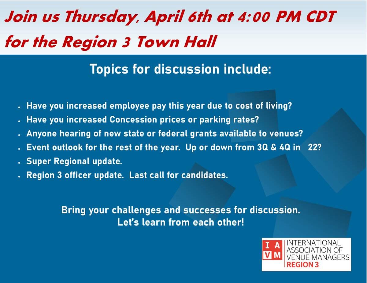 IAVMRegion3's tweet photo. Reminder: Town Hall Thursday - https://t.co/hrazZIgZTs https://t.co/tldQB637dx