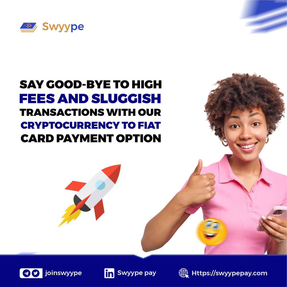 OriaifoPurity's tweet photo. @joinswyype Don't wait any longer to start using your cryptocurrency for purchases. Sign up for our cryptocurrency to fiat card payment options today and start enjoying fast, low-cost transactions
Swyype pay gat you covered with it's decentralized payment options.
No more stress https://t.co/jbcCl6iCiY