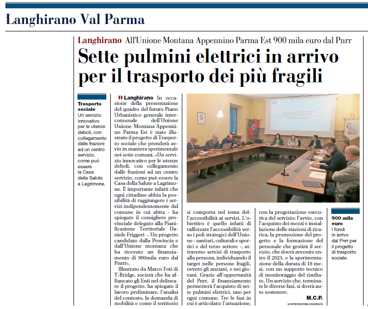 BVTECHGroup's tweet photo. T Bridge (#BVTECH) ha partecipato al progetto di #Trasportosociale, per l’Unione Montana Appennino Parma Est, che investirà 900 mila euro del #Pnrr per l’acquisto di 7 pulmini elettrici e per migliorare il collegamento delle frazioni a un Centro Servizi.
#mobilità #accessibilità https://t.co/nWbqrKWijV
