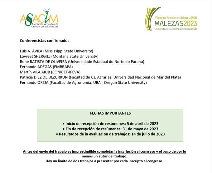 IV Congreso Argentino de Malezas.
Conferencistas confirmados y deadlines.