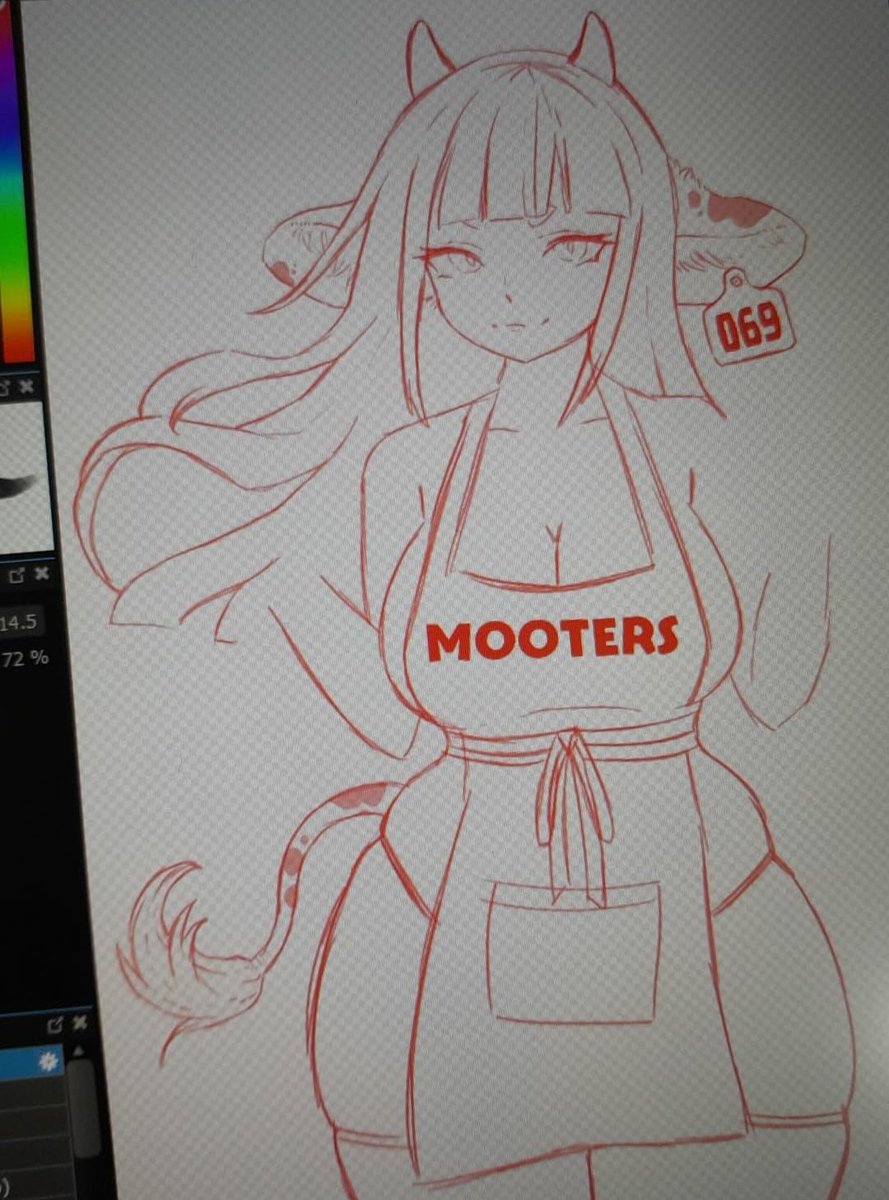 OpossumDrawz's tweet photo. Sketch, idk how I want the hands to look yet though! Might have her holding a milkshake? And give her a cow bell :) #anime #animeart #cowgirl #animecow #animehooters https://t.co/dPqSGDep0v