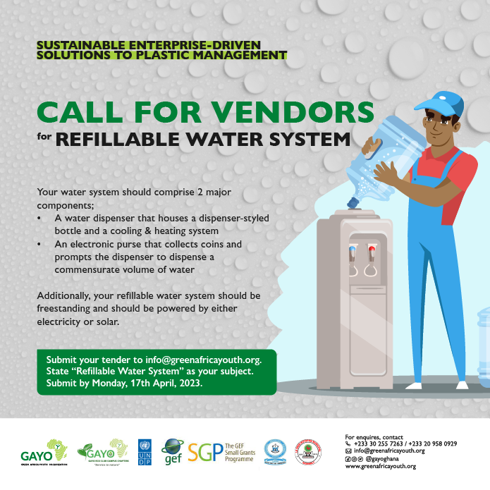 gayoghana's tweet photo. As a #sustainable solution to #plastic #pollution, we are inviting vendors who are able to operate coin based refillable water system that is eco-friendly.  Apply now and join us reduce plastic #waste to promote sustainability while providing a source of clean drinking #water. https://t.co/cS2QUSAqWu
