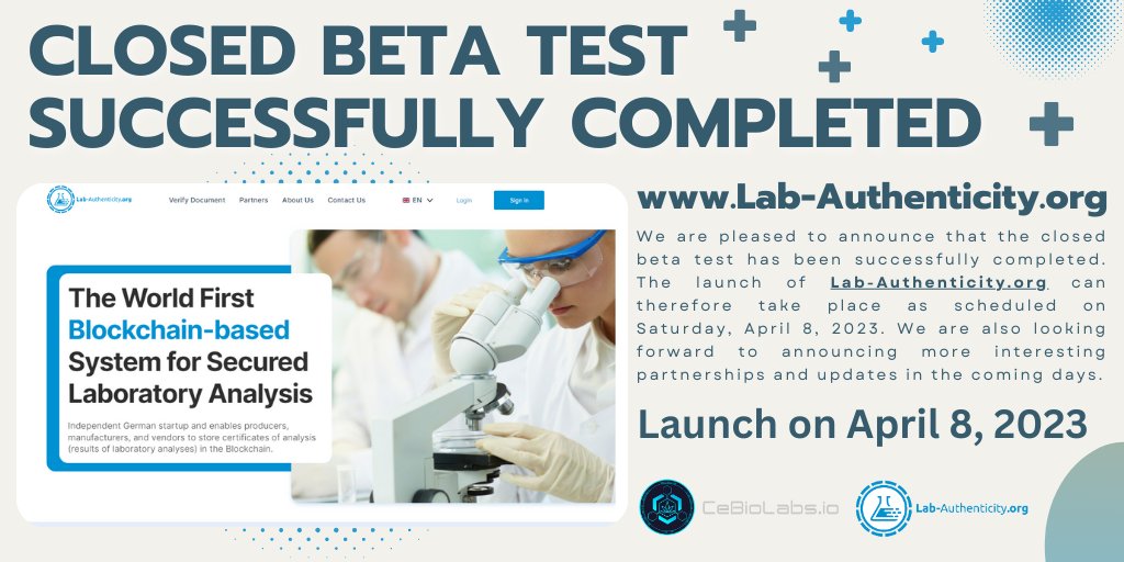 CeBioLabs's tweet image. Closed Beta Test✅

The final Preparations for the Launch of Lab-Authenticity.org (@LabAuthenticity) are in full swing. The final closed Beta Test has now been successfully completed.

📌 Details &amp;amp; Preview: cebiolabs.io/lab-authentici…

$CBSL #CeBioLabs #Blockchain #Cannabis #Food