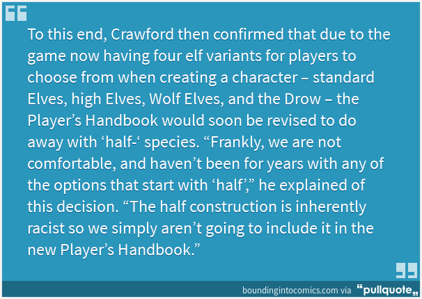 physicsgeek's tweet photo. Wizards of the Coast: Half- species are inherently racist.

I must have missed the memo when Stormfront purchased Wizards of the Coast. 
 https://t.co/ojbQVwIzVg https://t.co/amDIeGWxBi