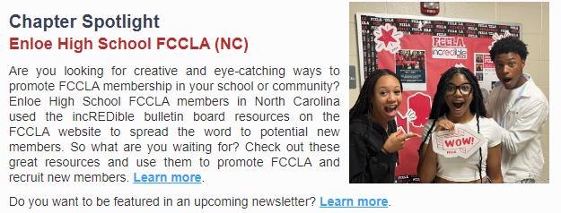 Congrats Enloe High School for being featured in the National FCCLA Fast Facts newsletter! Enloe was featured for using FCCLA membership resources to spread the word to potential new members! Click the link in our bio to be featured in an upcoming National FCCLA newsletter!