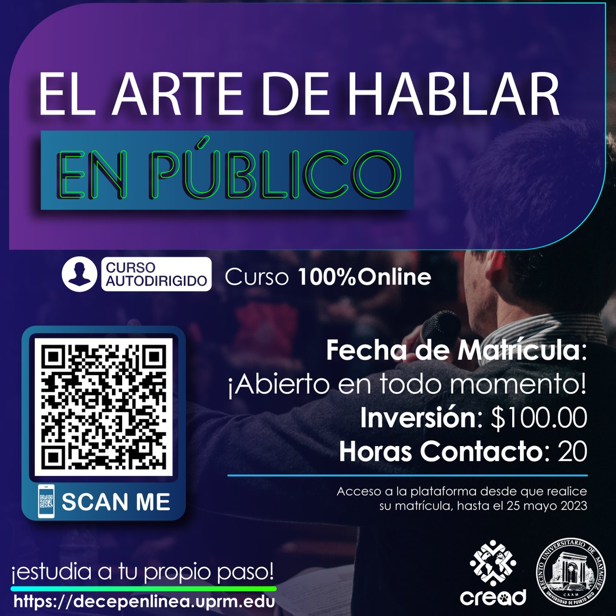 cread_uprm's tweet photo. ✨🗣️¿Te gustaría aprender la habilidad más importante para destacarte en tu carrera profesional?🗣️✨
🔹Aprenderás a hablar en público con confianza y persuasión, encontrar fuentes de contenido y mejorar tu proyección física y verbal.
#AprendeconCREAD #cursosonline #estrategias https://t.co/AkGXehL2mH
