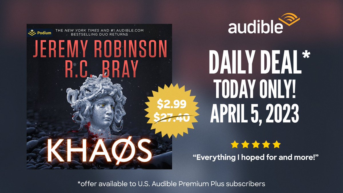 What?? WHAT?! KHAOS is today's Daily Deal on Audible and this sucker is already at #11 in fiction. Noice. If you're working your way through the INFINITE TIMELINE, this is your chance to save a chunk of change on the audiobook! audible.com/pd/Khaos-Audio… #Audible #DealoftheDay