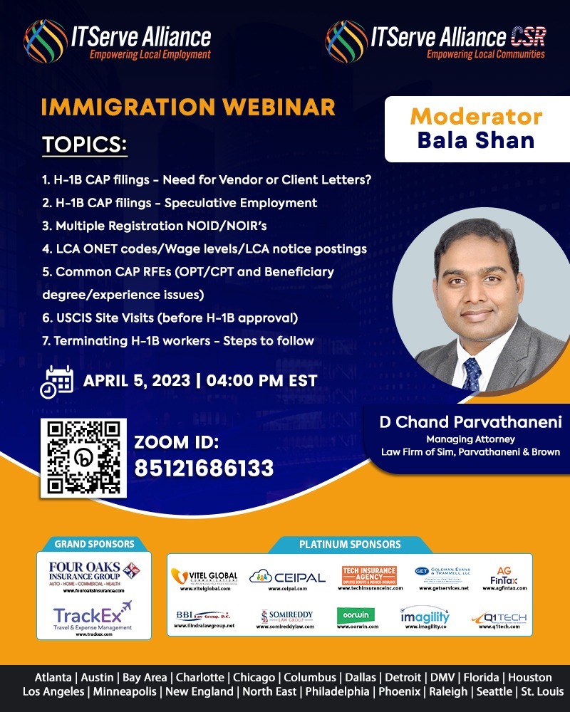 ITServeorg's tweet photo. #Immigration Webinar by D Chand Parvathaneni on April 5, 2023 @ 4.00 PM EST

#ITServe #ITServeAlliance #labourlaw #CAP #H1BVisa #uscis https://t.co/hvgvefFb7k