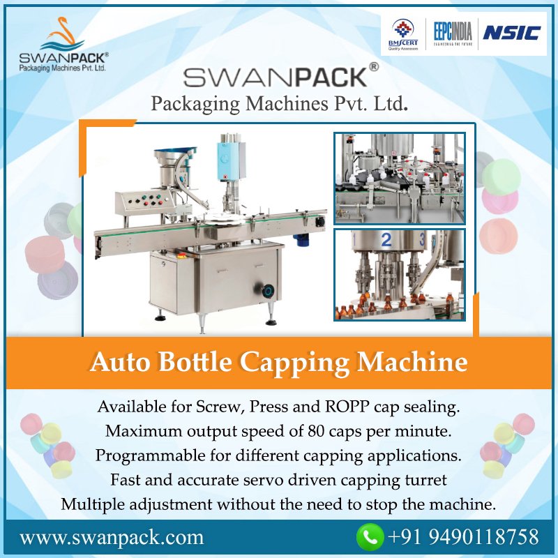 Auto Bottle Capping Machine:
1. Available for Screw, Press and ROPP cap sealing
2. Maximum output speed of 80 caps per minute
 
Call Now: +91 9490118758 

#AutoCappingMachine #BottleCappingMachine #CappingMachine #Machine #Capping #FoodBrands #CosmeticBrands #BeverageBrands