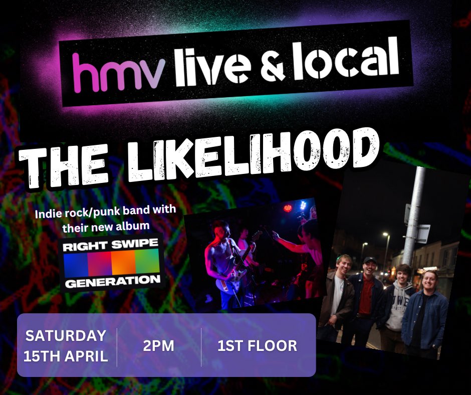 🎵 Live &amp; Local 🎶 Plymouth four piece <a href="/The_Likelihood/">The Likelihood</a> will be playing in store on Saturday 15th April at 2pm. We will also be stocking their album ‘Right Swipe Generation’. #LiveandLocal #Punk #IndieRock #TheLikelihood #Plymouth #LiveMusic