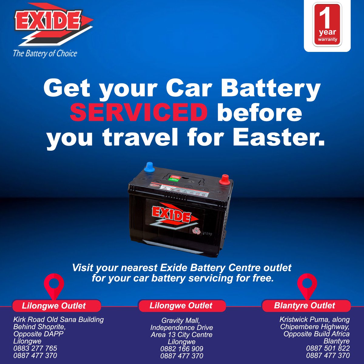 Get your Car Battery SERVICED before you travel for Easter.

#HappyEaster #malawi #freeservice