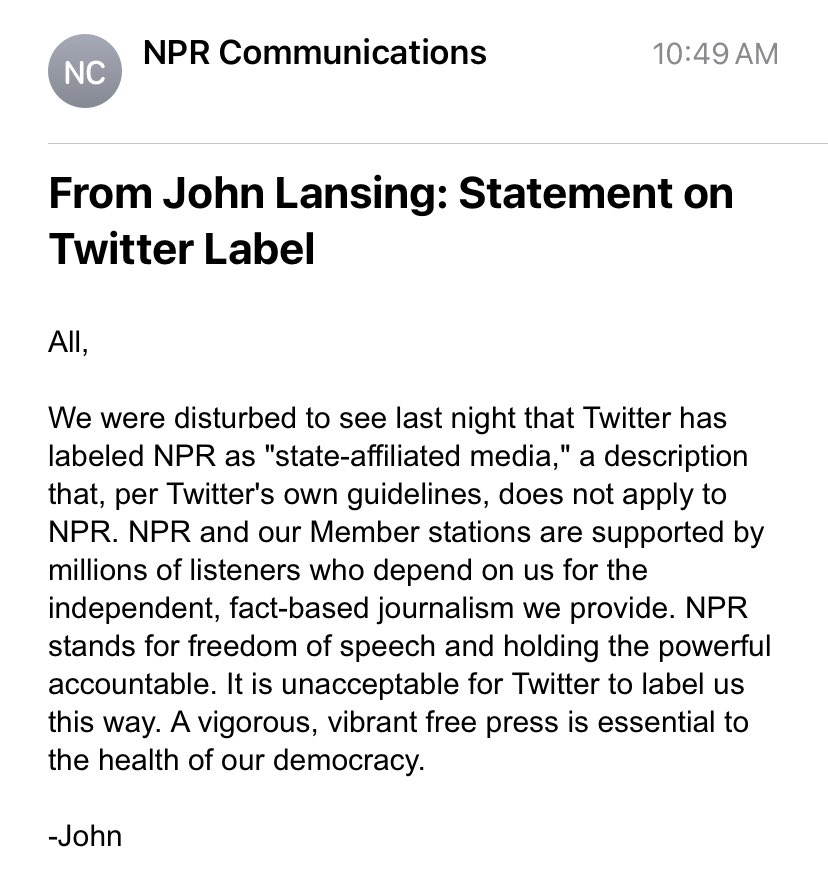 Statement from NPR CEO @johnlansing on recent Twitter label