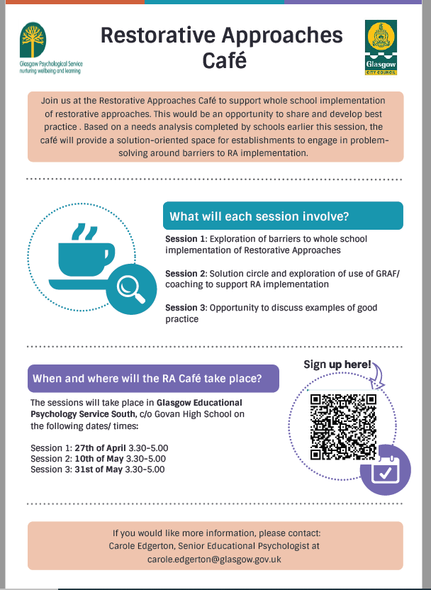 Introducing our Restorative Approaches Café for our primary schools who are engaging with RA! We are hosting different dates for North East, North West and South schools. Please see the leaflets below for information and dates! Sign up using the QR code for your area😄 (1/2)