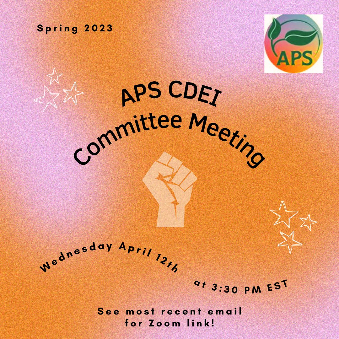 Hi CDEI! We are having our first all-member Spring 2023 meeting on April 12th @ 3:30 PM EST. You can find the Zoom link and agenda in the upcoming email (the attached flyer reiterates this information in a graphic).