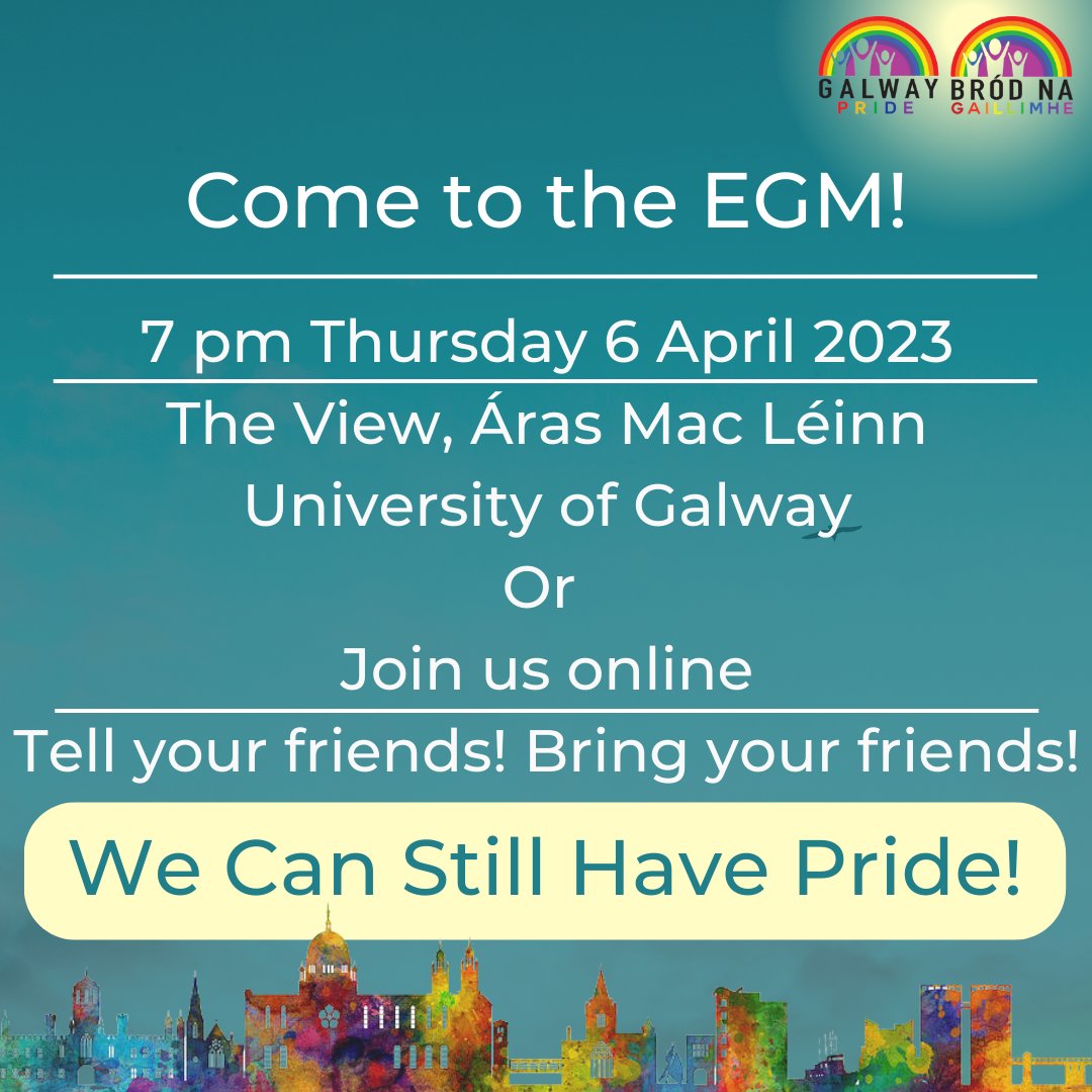 Galway LBGTQIA+ Community
Please Read

Without more committee members...
There is no Galway Community Pride Committee.

TLDR?
Come to the EGM!
Bring your friends!