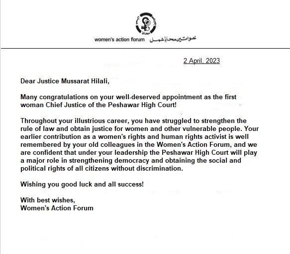 WafPeshawar's tweet photo. WAF Peshawar Presented a congratulations letter from WAF Pakistan to Chief Justice Peshawar High Court Justice Musarrat Hilali who was also the founding member of WAF Peshawar. She thanked WAF, shared her fond memories &amp; vowed to support women with the same zeal &amp; passion. https://t.co/MrFqsNGZ0I