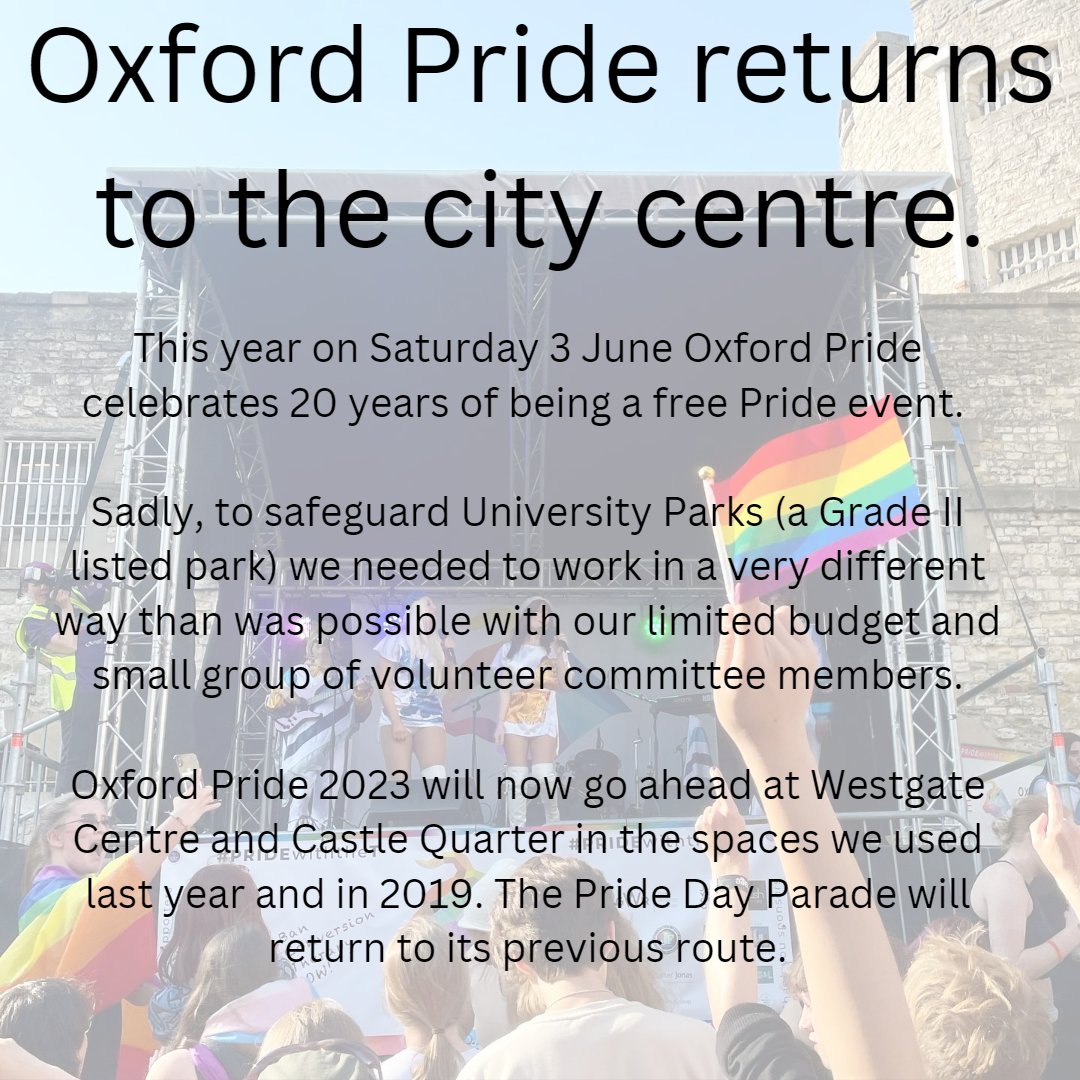 On our 20th anniversary we are returning to the city centre. We still need volunteers - details on our website oxfordpride.uk #Pride2023