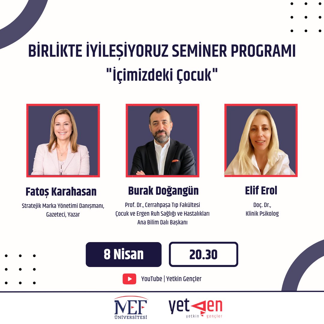 YetkinGencler's tweet photo. #Birlikteİyileşiyoruz mottosuyla hepimize katkı sağlayacağına inandığımız seminer programımız 8 Nisan Cumartesi günü, saat 20.30’da “İçimizdeki Çocuk” konulu beşinci seminerimiz ile devam ediyor!

Semineri YouTube üzerinden takip edebilirsin!

📌 https://t.co/d6obXeUsQn https://t.co/keZ4dfsqE3