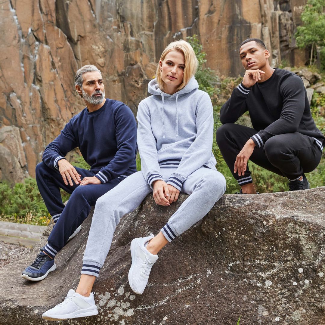 FrontRowandCo's tweet photo. Rock up in style with striped cuff sweats from Front Row. Available in 3 colour ways, our Hoodie (FR841) Sweat (FR840) and Joggers (FR640) are everyday essentials as we fast approach summer. Perfect for layering as the seasons change. 
#leisurewear #wholesale #henburybrands https://t.co/lRDlE39Znr