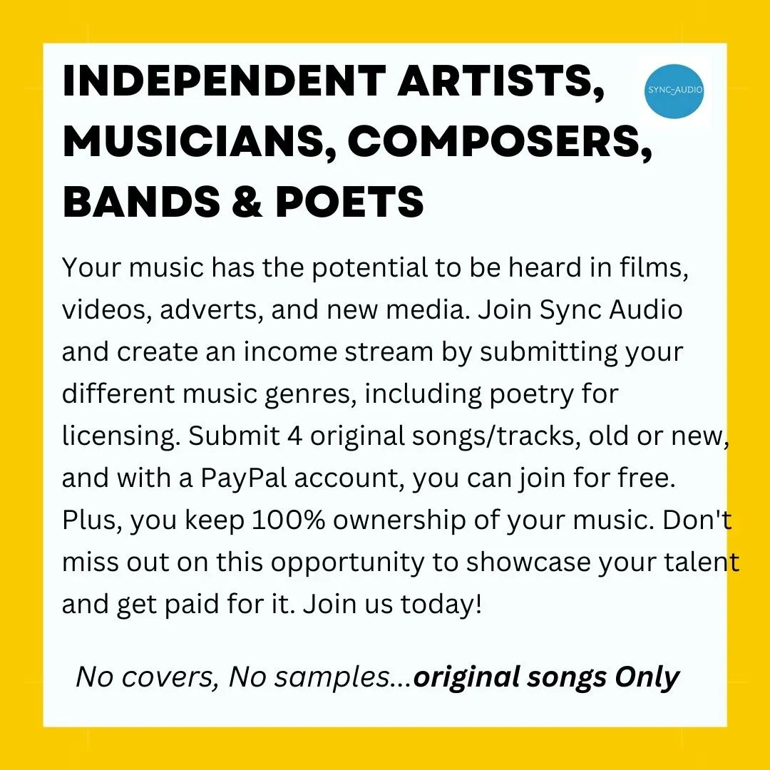 SyncAudio's tweet image. Turn your passion for music and art into profit with our music licensing opportunities. Join us now!
#independentmusic #unsignedtalent #bands #musicians #artists #indie #music #unsignedmusic #singer #songwriter #licensing #poet #poetry #musicbusiness