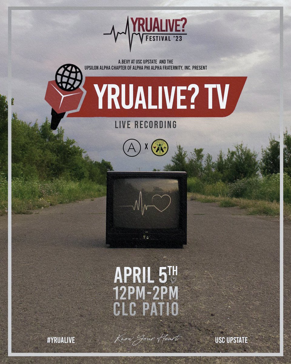 The 2023 #YRUAlive? Festival 🫀 is reporting LIVE from <a href="/USCUpstate/">USC Upstate</a> today! 

Join <a href="/ABevyInc/">A.Bevy</a> for our pre-event &amp; make your debut on YRUAlive? TV. 📺