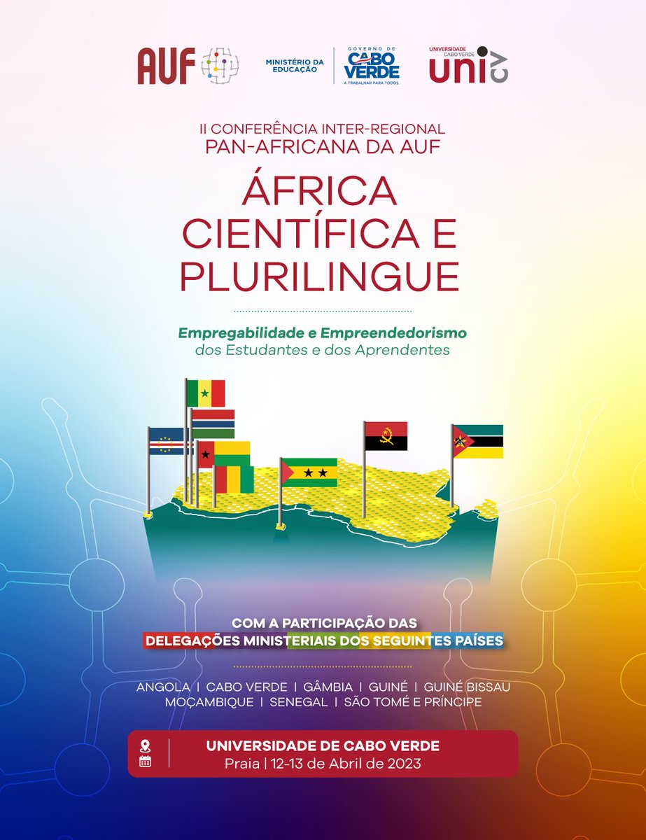 A Agência Universitária da Francofonia (AUF) organiza em parceria com o Ministério da Educação de Cabo Verde e a Universidade de Cabo Verde (Uni-CV), a 2.ª edição da Conferência Inter-regional Pan-Africana da AUF: Africa Científica e Plurilingue.

Mais em: bit.ly/Conferência_In…