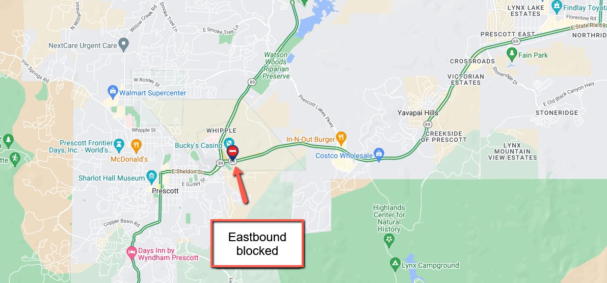 ArizonaDOT's tweet photo. State Route 69 eastbound at milepost 295 in Prescott: A crash is blocking all lanes.
#SR69 https://t.co/QHWea1NY2d