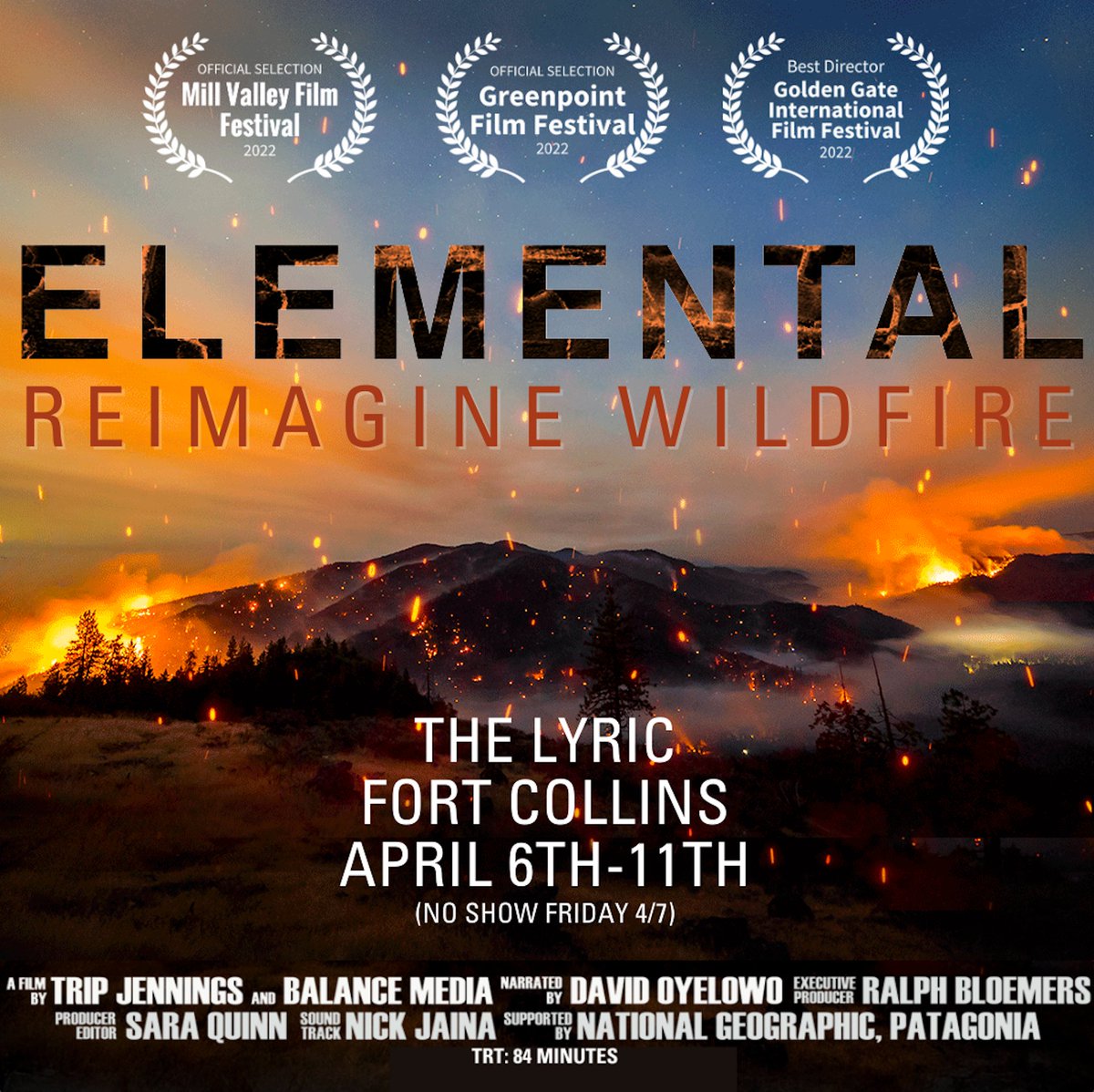 Can't wait for the film Elemental: Reimagine Wildfire by my old pal <a href="/TripJennings/">Trip Jennings</a> to screen at <a href="/thelyriccinema/">The Lyric</a> in Fort Collins starting tomorrow!

If in Fort Collins: bit.ly/3KzaBiP

If elsewhere, full list of screenings: bit.ly/3Kd0ZsX

#Wildfire #Conservation