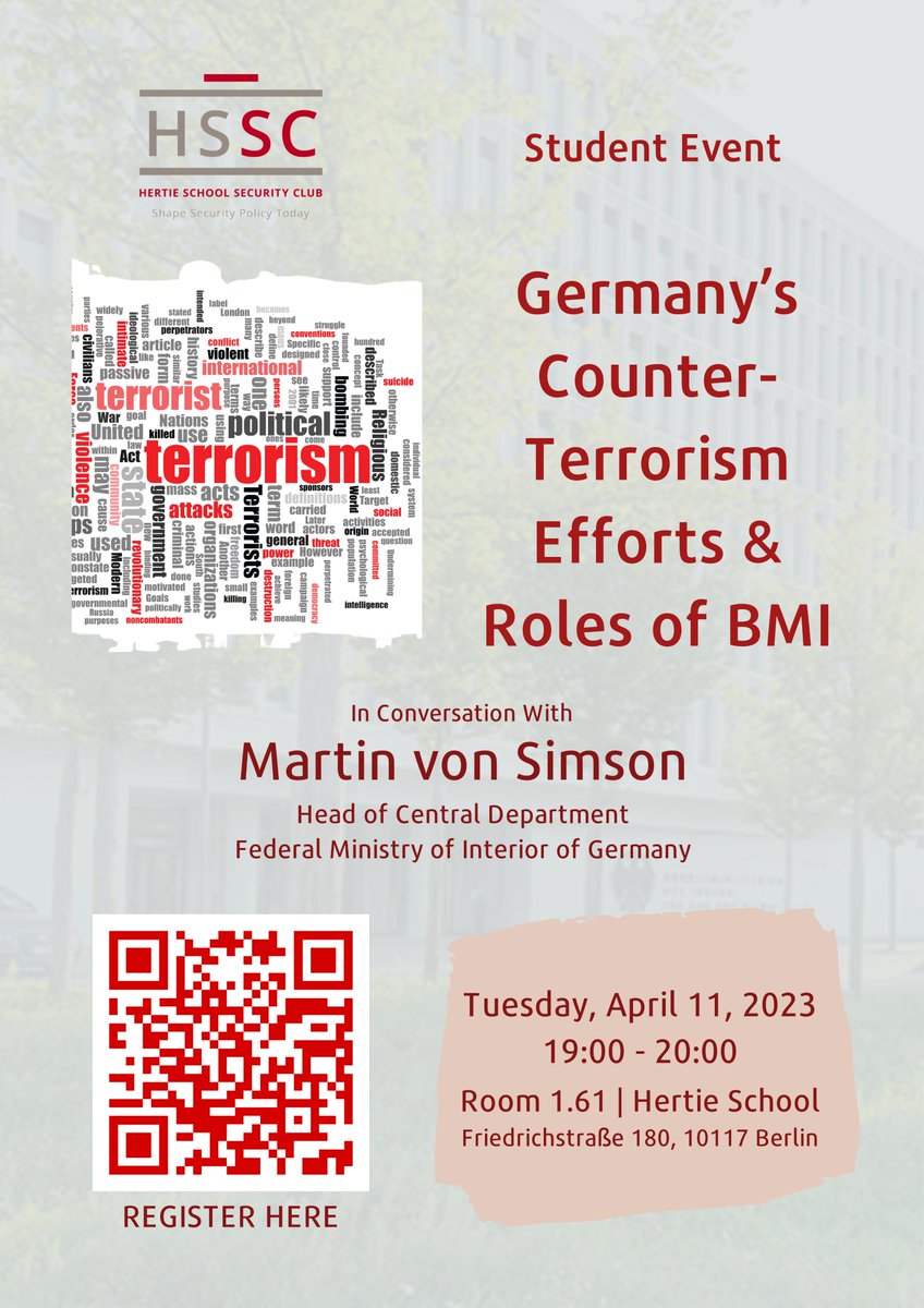 EVENT! Join <a href="/HSSC_Security/">Hertie School Security Club - HSSC</a>'s talk with <a href="/BMI_Bund/">Bundesministerium des Innern</a>'s head of central department Mr Martin von Simson next Tuesday (11.04.2023 | 7pm-8pm) to discuss "Germany's Counter-Terrorism Efforts and the Roles of <a href="/BMI_Bund/">Bundesministerium des Innern</a>" at <a href="/TheHertieSchool/">Hertie School</a>'s Room 1.61. Register now forms.gle/BgrgSvNBGNjywd…