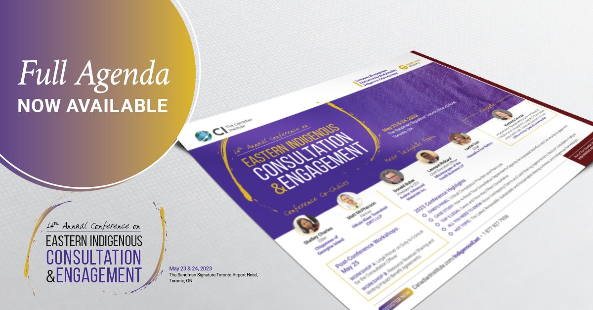 Read our Full Agenda NOW!

Don't miss this year's 14th Annual Conference on Eastern Indigenous Consultation &amp; Engagement.

Download our full schedule now: ow.ly/7CW150NB5TS

#CI #CI_Indigenous