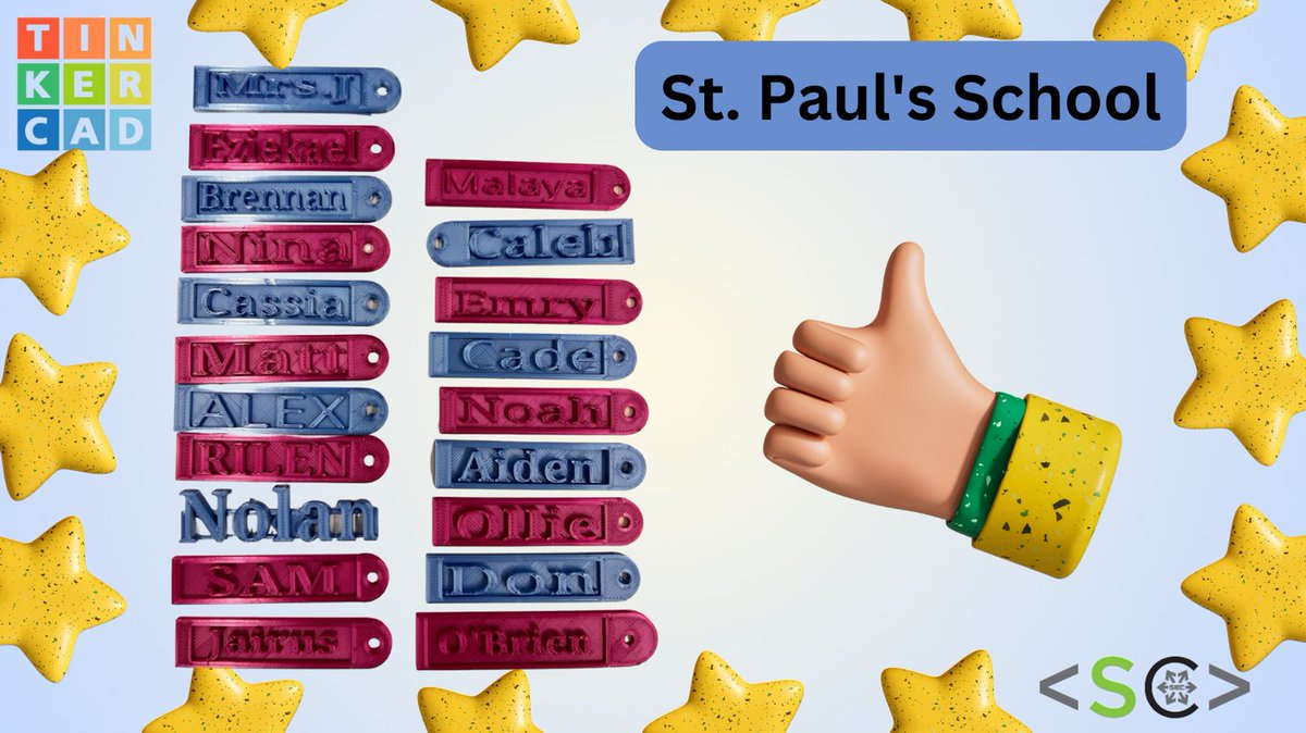 SaskCode's tweet image. A big thumbs-up for Mrs. Johnson and her gr. 8's for tackling #Tinkercad for the first time. They created these handy-dandy personalized #3D keychains. They are on their way in the mail! :) @stpaulsyorkton @sbarton99 @CTTCS_212 @saskatooniec @ISED_CA #STEAM #STEM #3Ddesign #SK