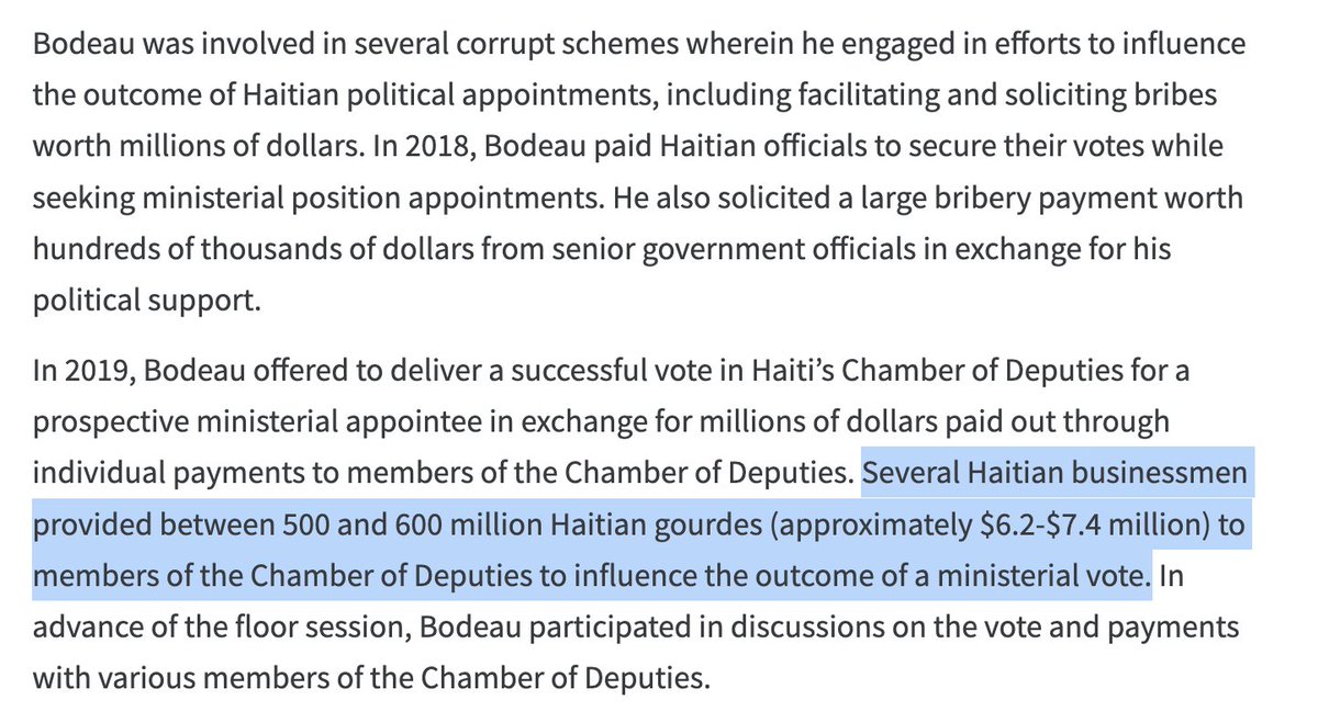JakobJohnston's tweet photo. Today the US Treasury Department sanctioned the former head of Haiti's Chamber of Deputies, Gary Bodeau. These are some pretty specific allegations... which raises more questions: which businessmen paid the bribes? And will evidence be shared with Haiti's justice system? https://t.co/VoMzaHUZ99