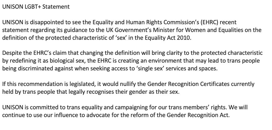 UNISONLGBTplus's tweet photo. We @unisontheunion will fight against any roll back of our trans members' rights. Our statement on the recent comments by the EHRC are below. 👇🏳️‍⚧️ https://t.co/CuQGv5zD9d